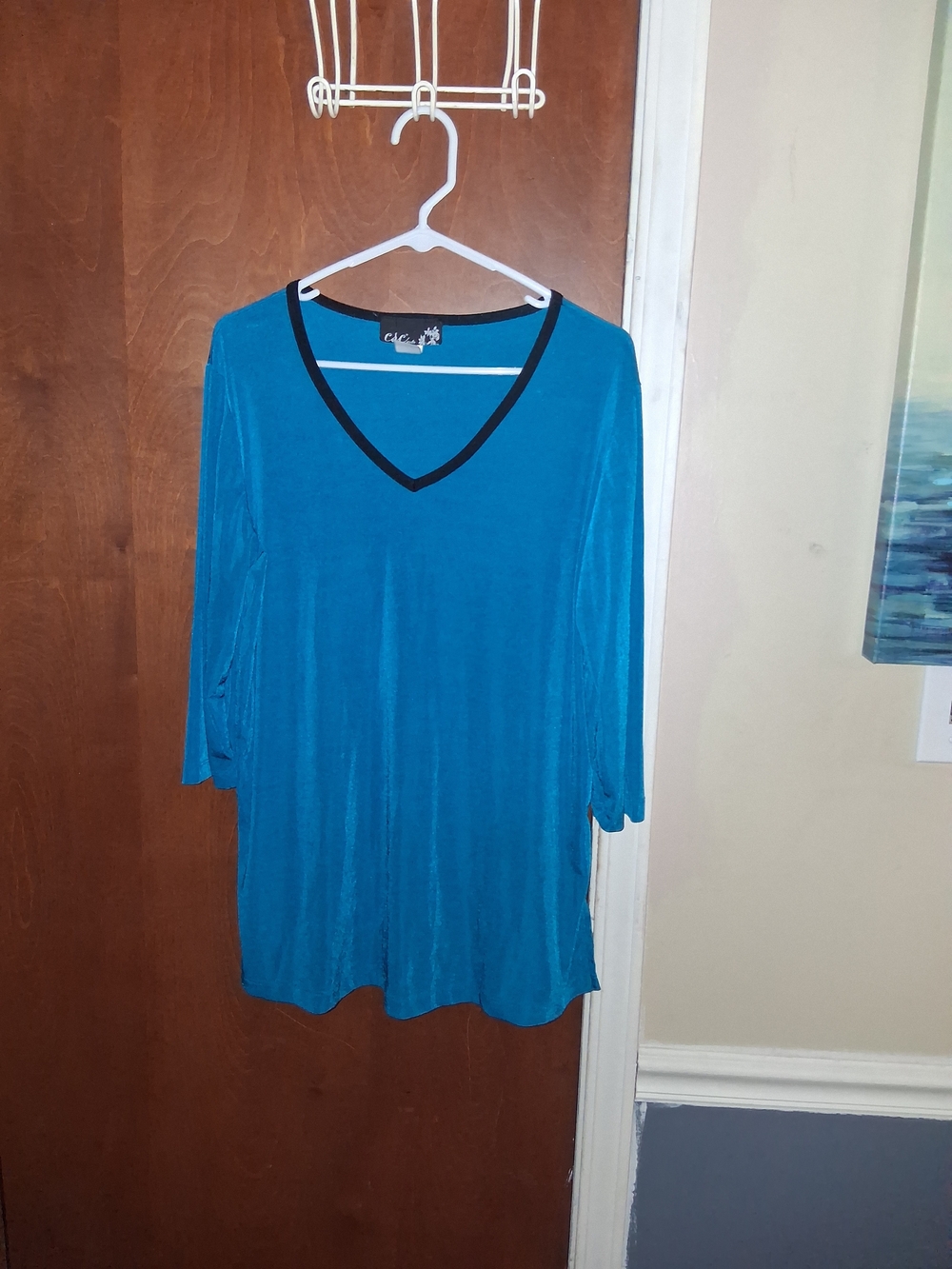 Women's Teal V-Neck Tunic with Black Trim